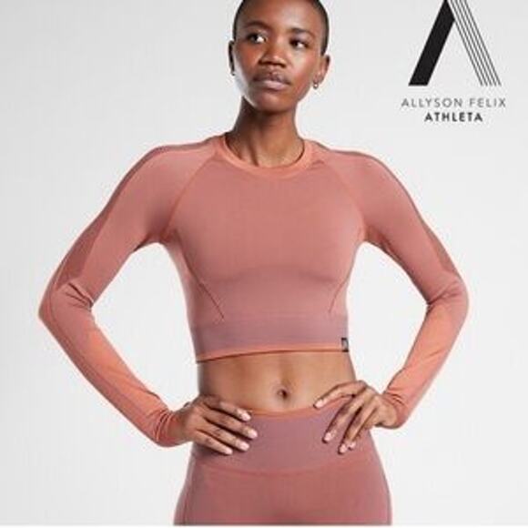 Allyson Felix x athleta M (?) Rose gold ribbed long sleeve crop top thumb holes - Picture 2 of 9